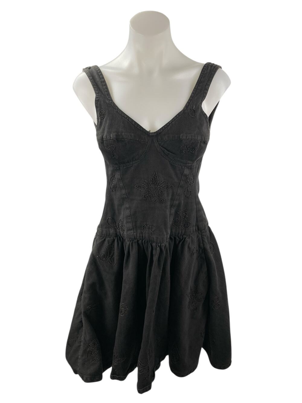 Warehouse Black Floral Embroidery Sleeveless Open Back Denim Fit & Flare Dress M